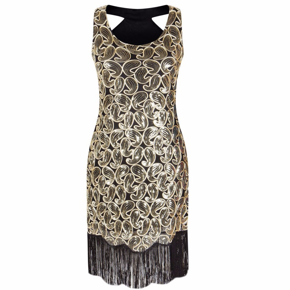 Abito Elegante Senza Maniche con Paillettes e Frange da Donna