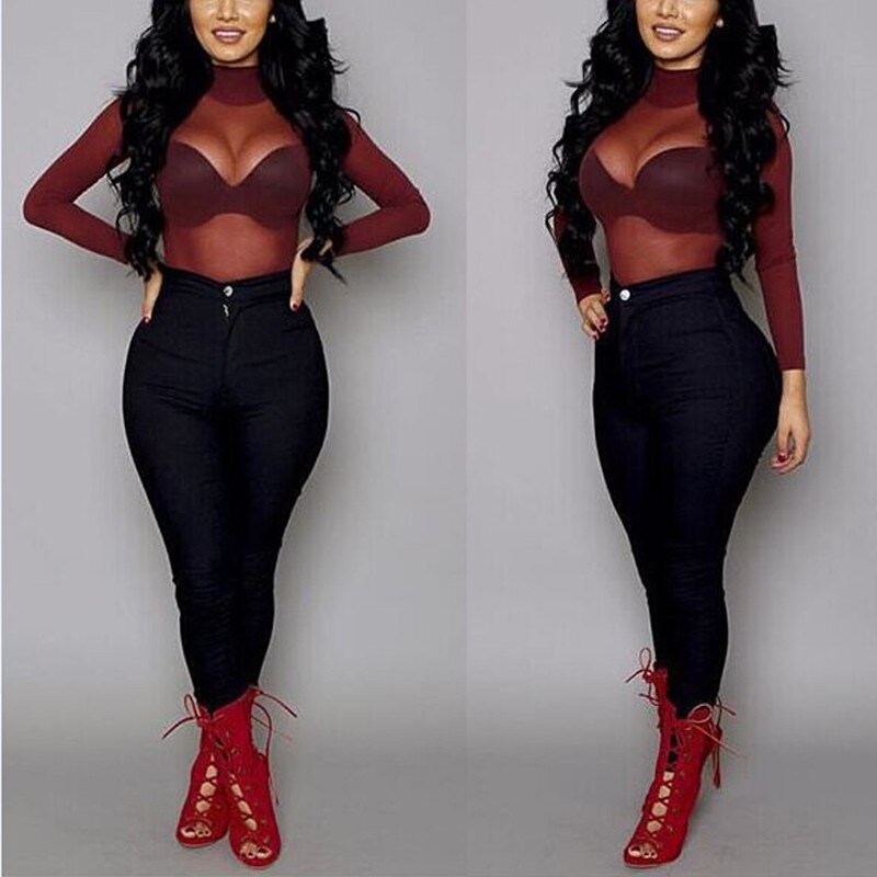 Top a Maniche Lunghe in Mesh con Collo Alto da Donna