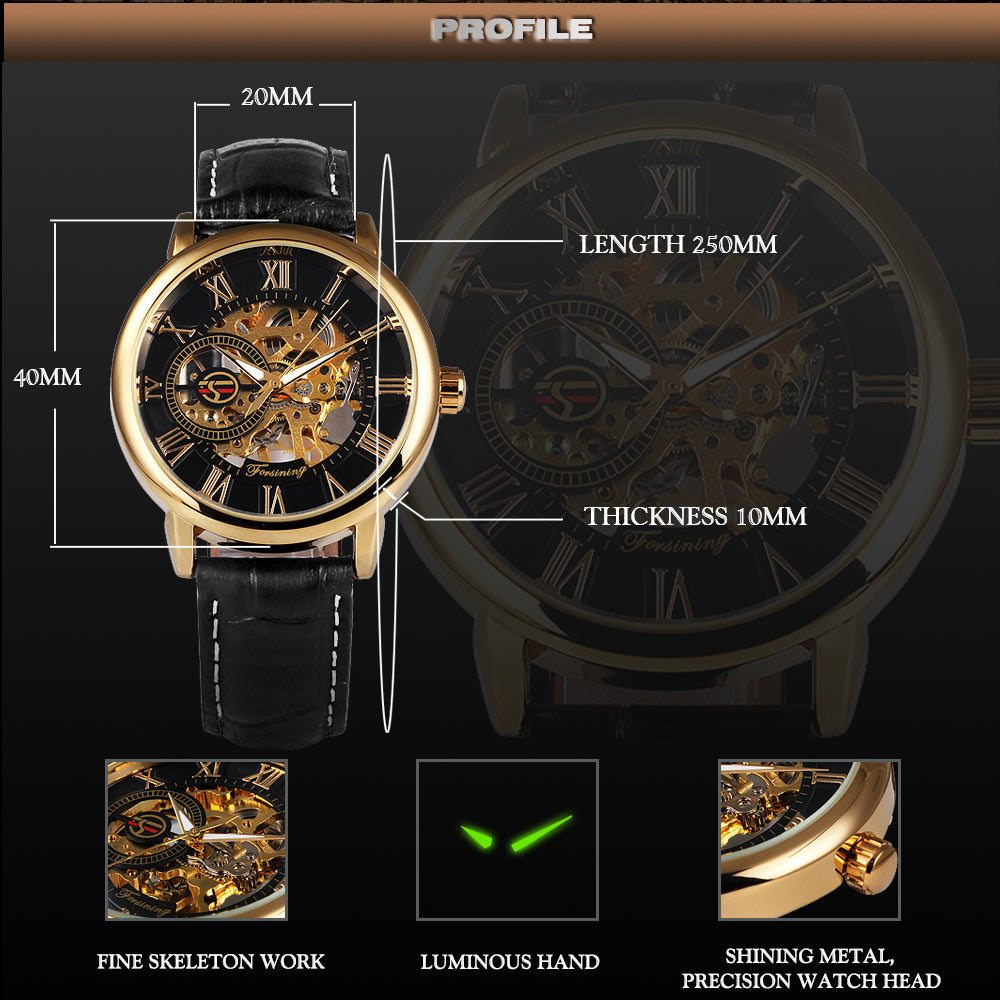 3D Leather Mechanical Automatic Skeleton Watches for Men