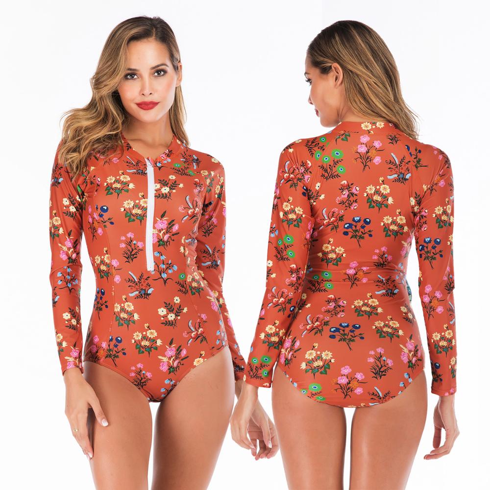Costume da Bagno Intero a Maniche Lunghe con Stampa da Donna