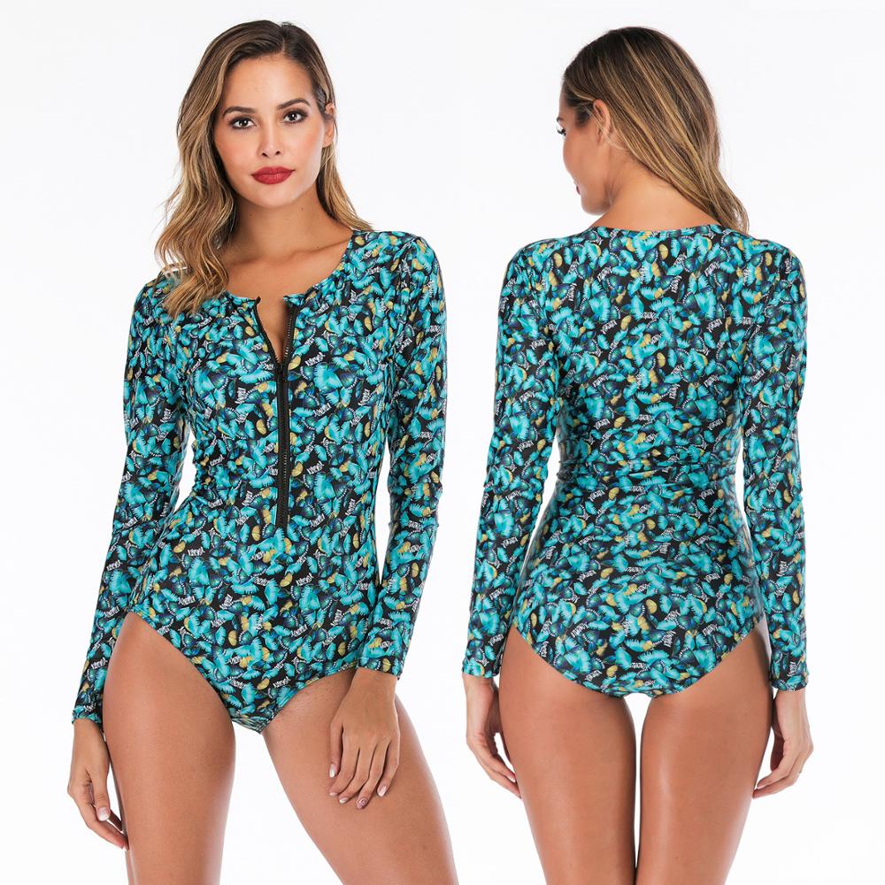 Costume da Bagno Intero a Maniche Lunghe con Stampa da Donna