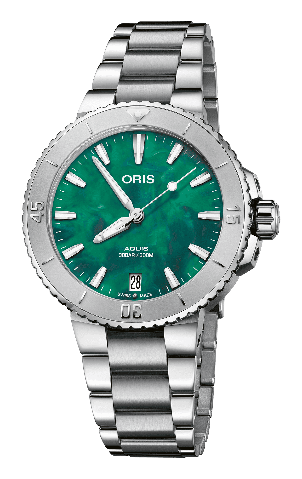 Oris Aquis Date X Bracenet Uomo Unisex Swiss Made 36,5 mm Quadrante Verde Riciclato Acciaio Bracciale Acciaio Vetro Zaffiro Antiriflesso Automatico Calibro 733-1 Data Riserva 41 Ore Diver 300m Ref. 01 733 7770 4137-07 8 18 05P Full Set