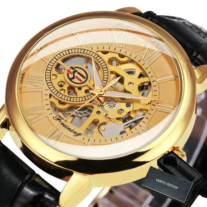 3D Leather Mechanical Automatic Skeleton Watches for Men