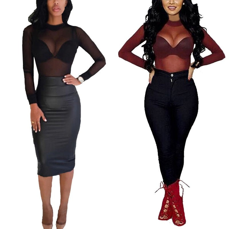 Top a Maniche Lunghe in Mesh con Collo Alto da Donna