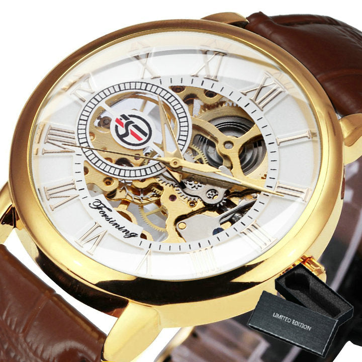3D Leather Mechanical Automatic Skeleton Watches for Men