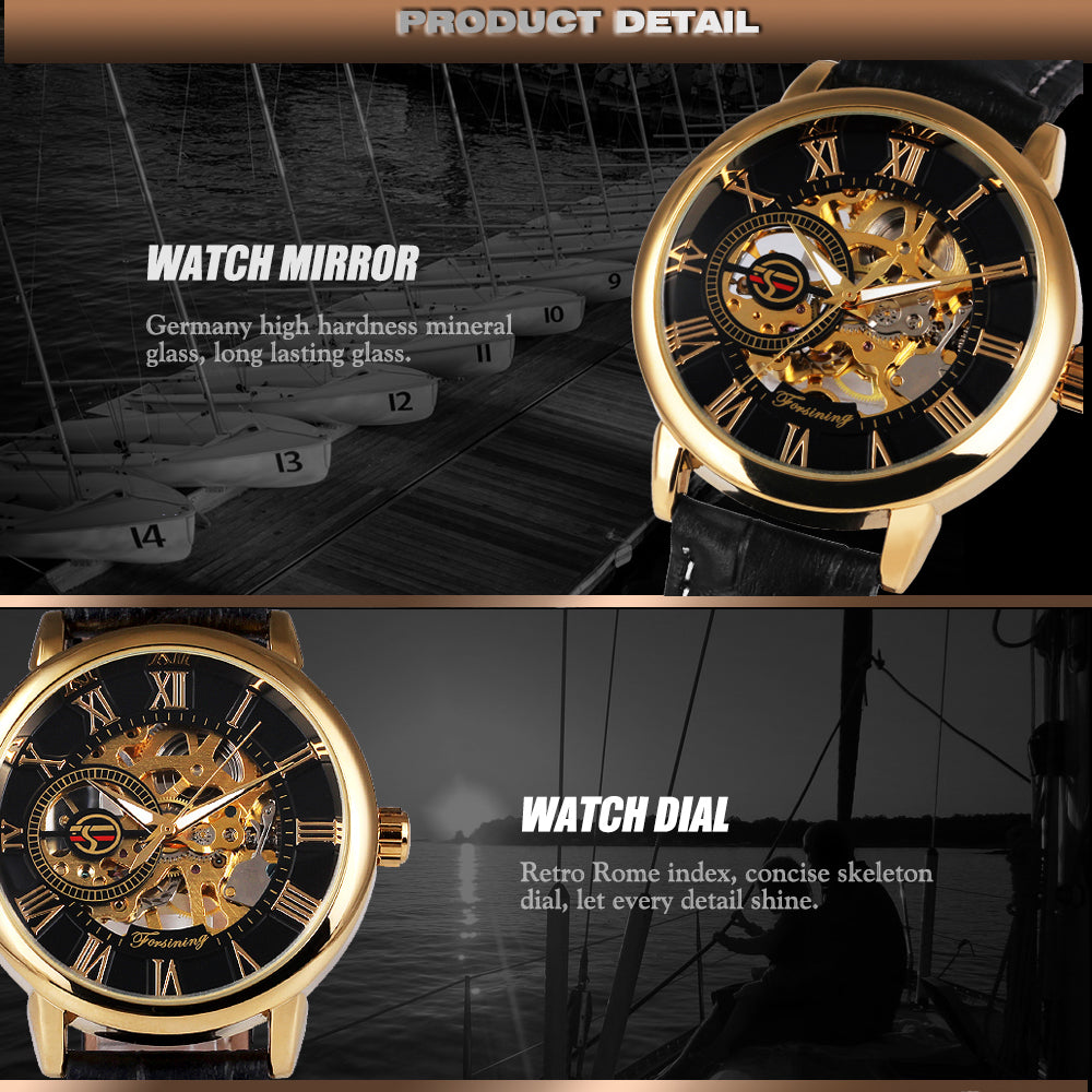 3D Leather Mechanical Automatic Skeleton Watches for Men