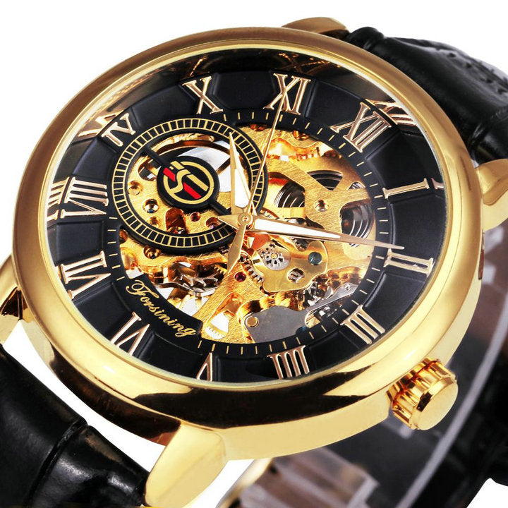 3D Leather Mechanical Automatic Skeleton Watches for Men