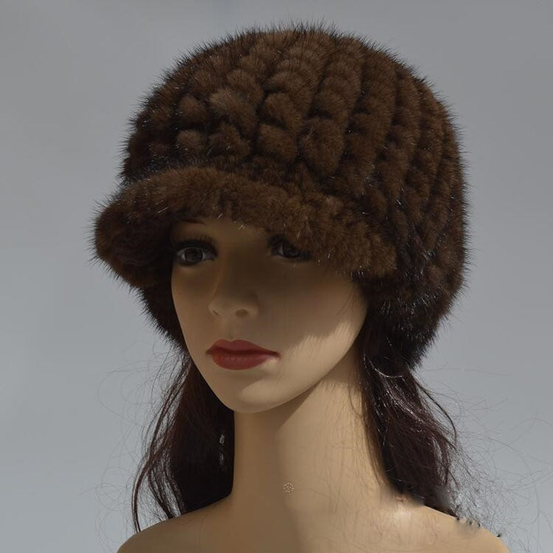 Cappello in Pelliccia di Visone Lavorato a Maglia da Donna