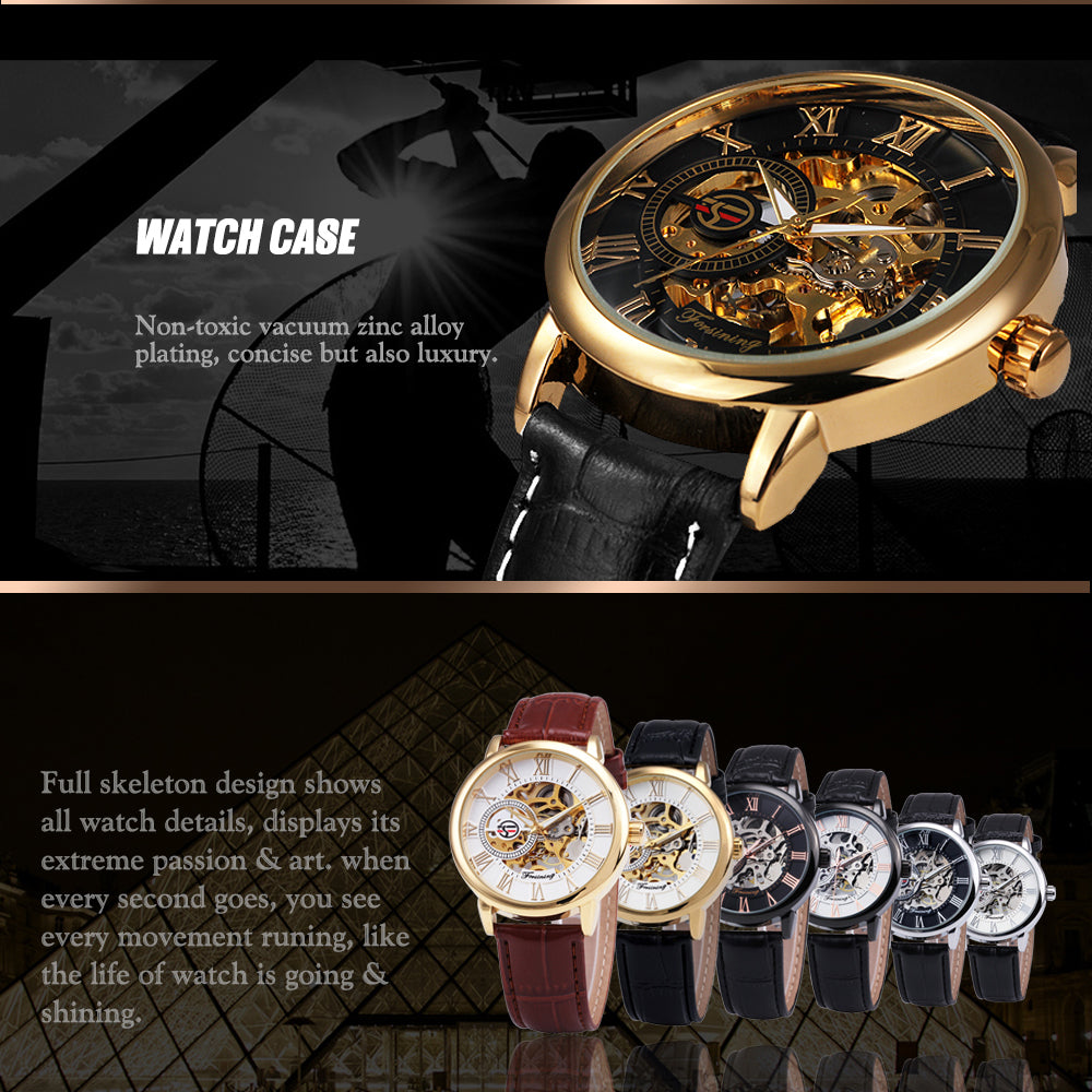 3D Leather Mechanical Automatic Skeleton Watches for Men