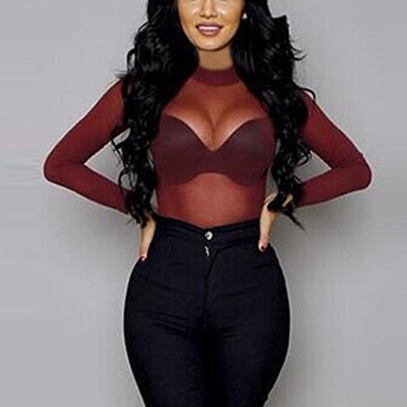 Top a Maniche Lunghe in Mesh con Collo Alto da Donna