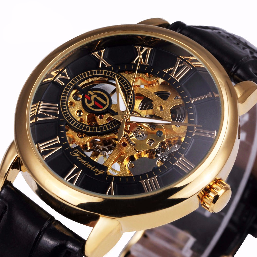 3D Leather Mechanical Automatic Skeleton Watches for Men