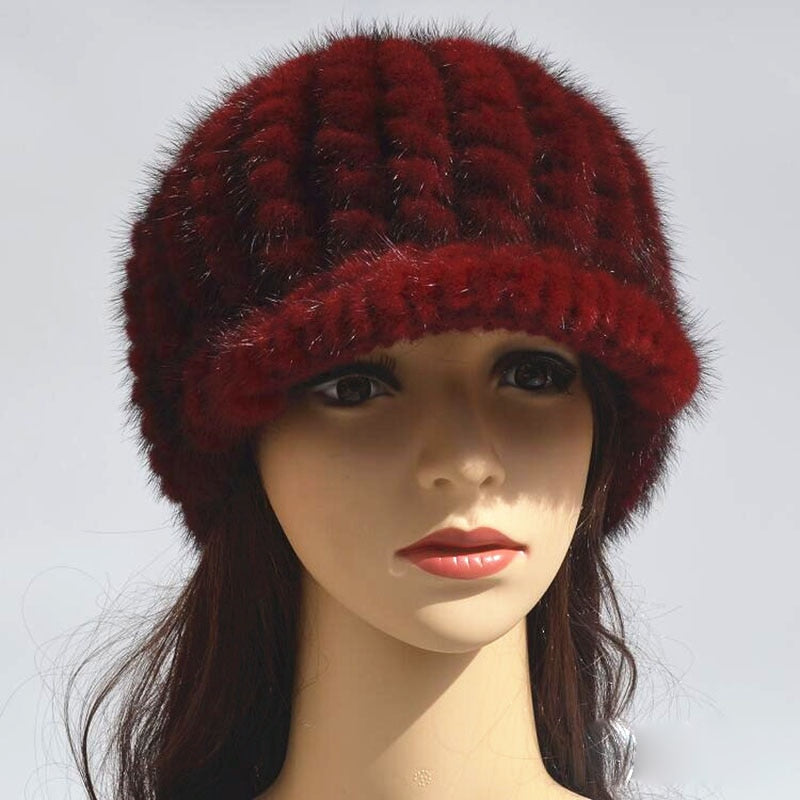 Cappello in Pelliccia di Visone Lavorato a Maglia da Donna