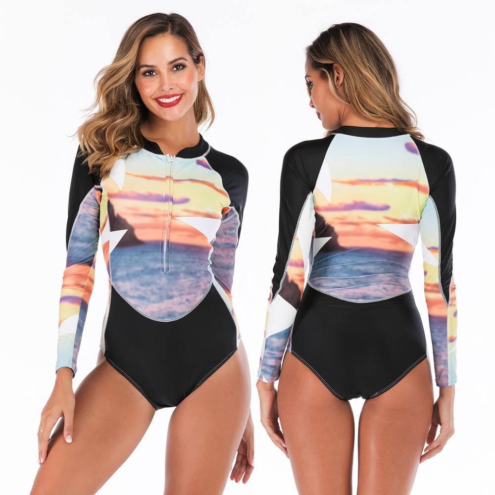 Costume da Bagno Intero a Maniche Lunghe con Stampa da Donna
