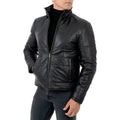 Piumino Giacca In Vera Pelle Nera Uomo Corto Slim Cappuccio Con Cerniera Removibile Rindway