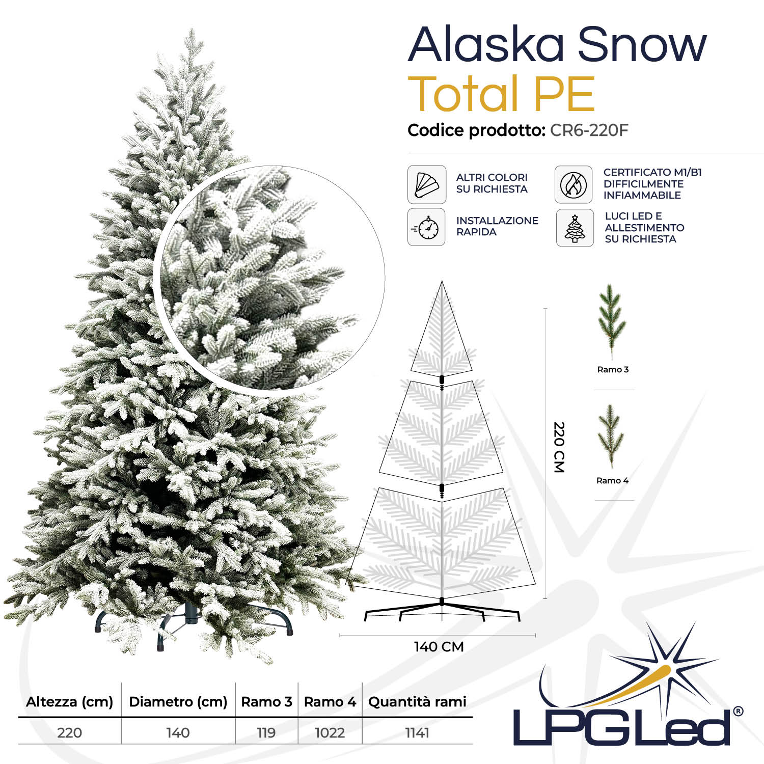 Albero di Natale innevato TOTAL PE | ALASKA SNOW | altezza 220cm - diametro 140cm - rami 1.141
