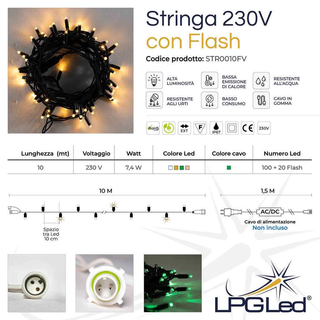 Stringa 10m 230V con flash | cavo verde | catena 120 led (20 flash)