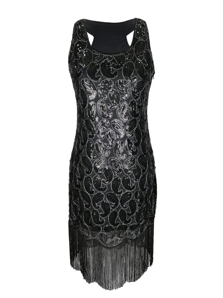 Abito Elegante Senza Maniche con Paillettes e Frange da Donna
