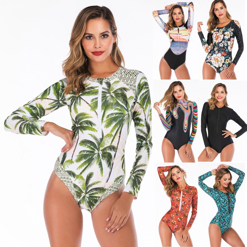 Costume da Bagno Intero a Maniche Lunghe con Stampa da Donna