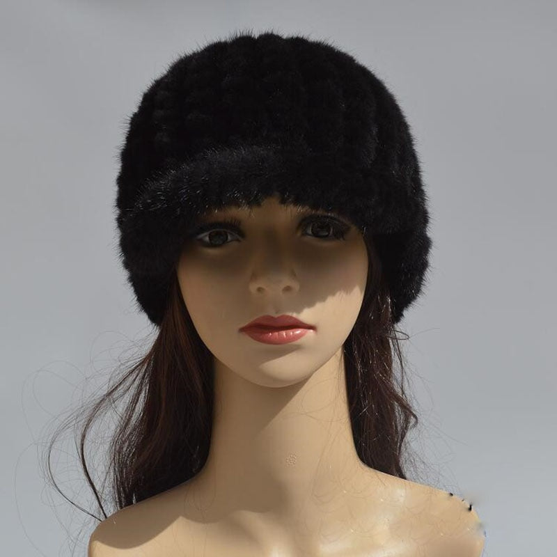 Cappello in Pelliccia di Visone Lavorato a Maglia da Donna