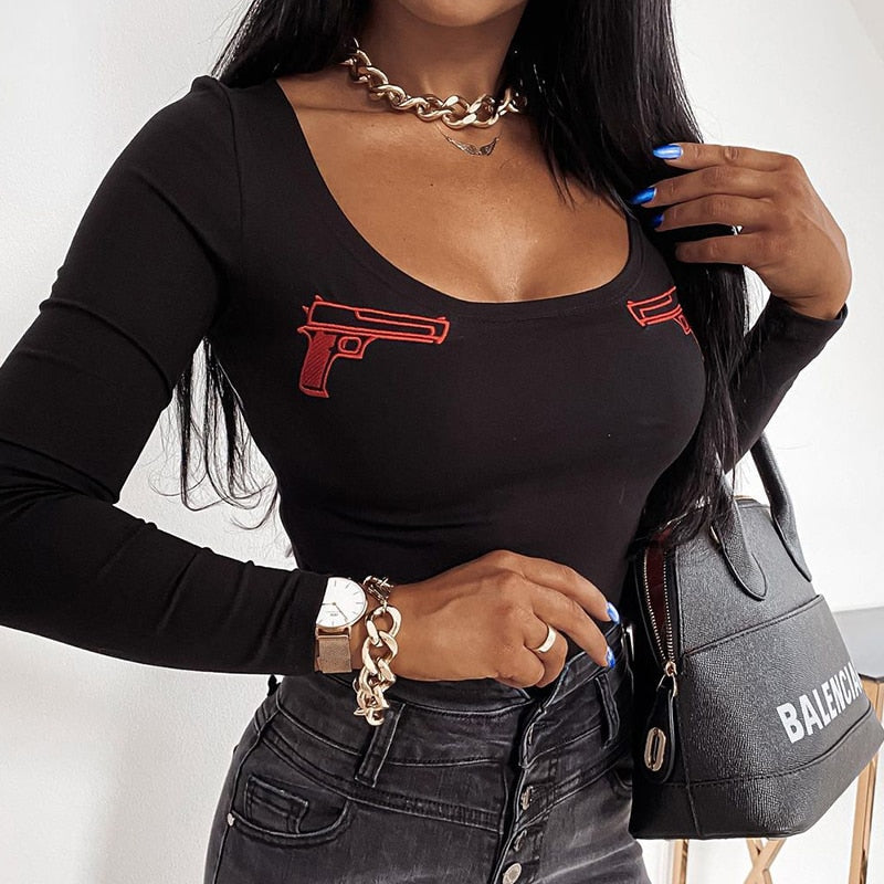 Body da Donna a Maniche Lunghe con Ricamo Pistola