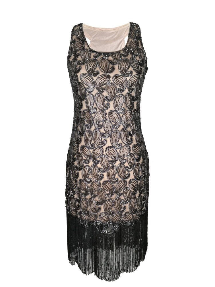 Abito Elegante Senza Maniche con Paillettes e Frange da Donna
