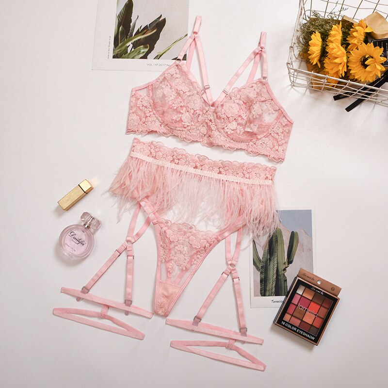 Set Lingerie da Donna in Mesh con Piume