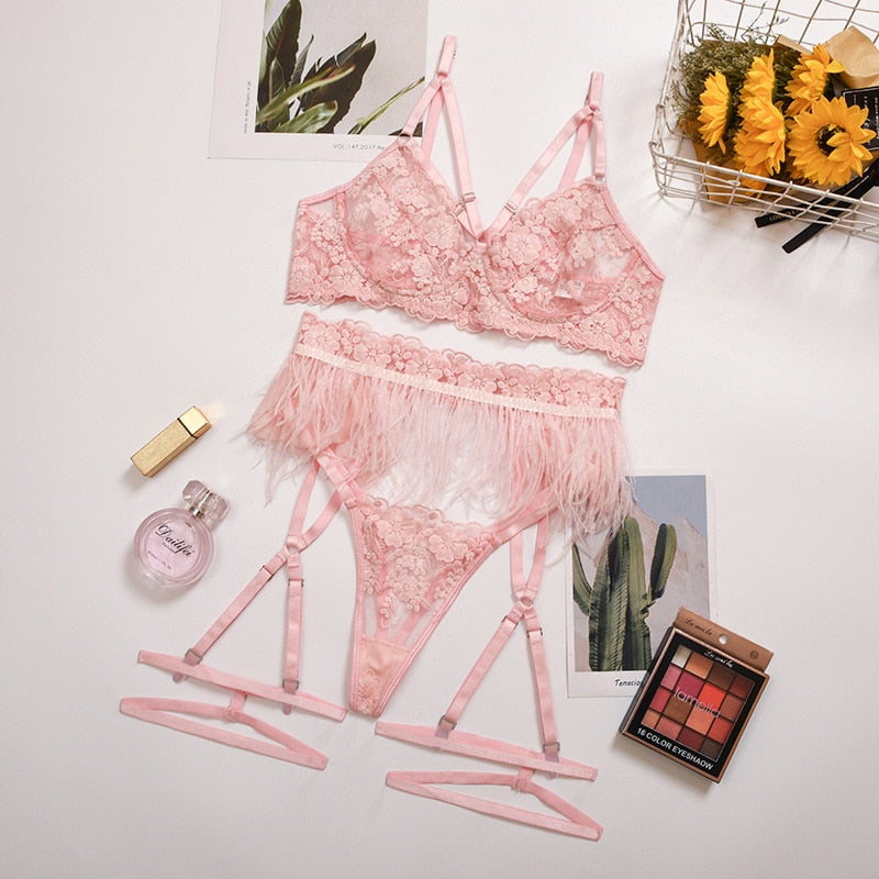 Set Lingerie da Donna in Mesh con Piume