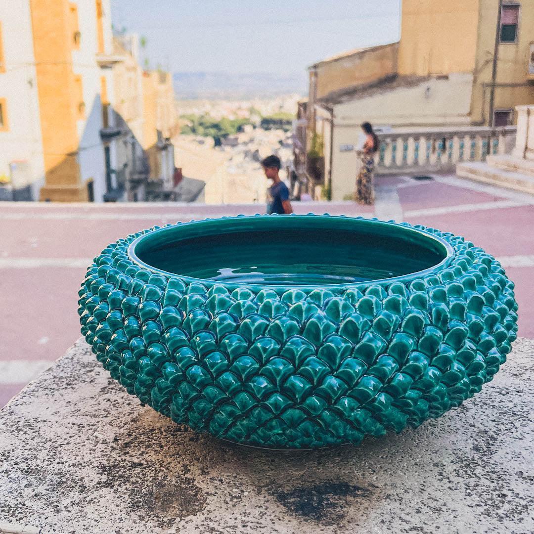 Centrotavola a Pigna in Ceramica di Caltagirone Ø 25/33 cm - Verde Smeraldo