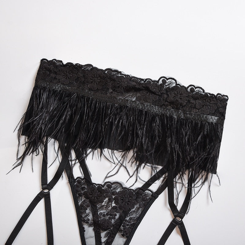 Set Lingerie da Donna in Mesh con Piume