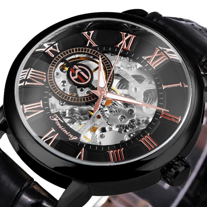 3D Leather Mechanical Automatic Skeleton Watches for Men