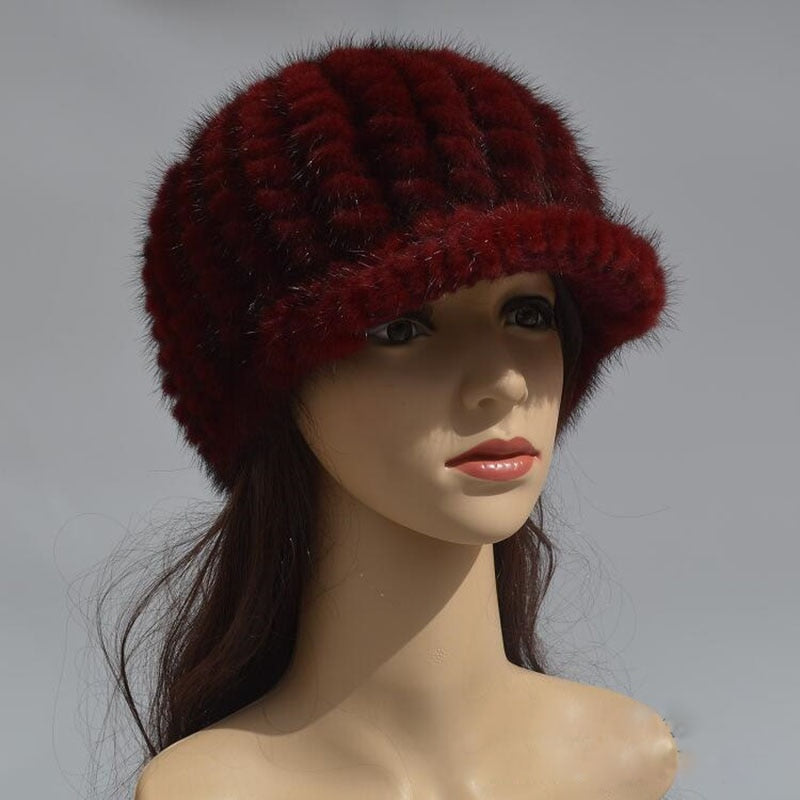 Cappello in Pelliccia di Visone Lavorato a Maglia da Donna