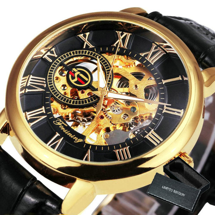 3D Leather Mechanical Automatic Skeleton Watches for Men