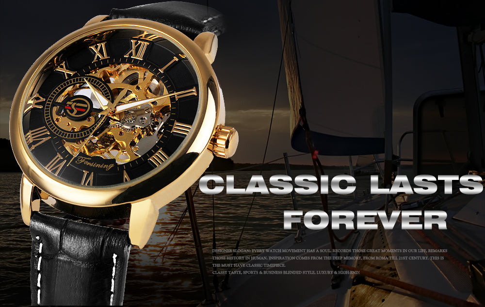 3D Leather Mechanical Automatic Skeleton Watches for Men
