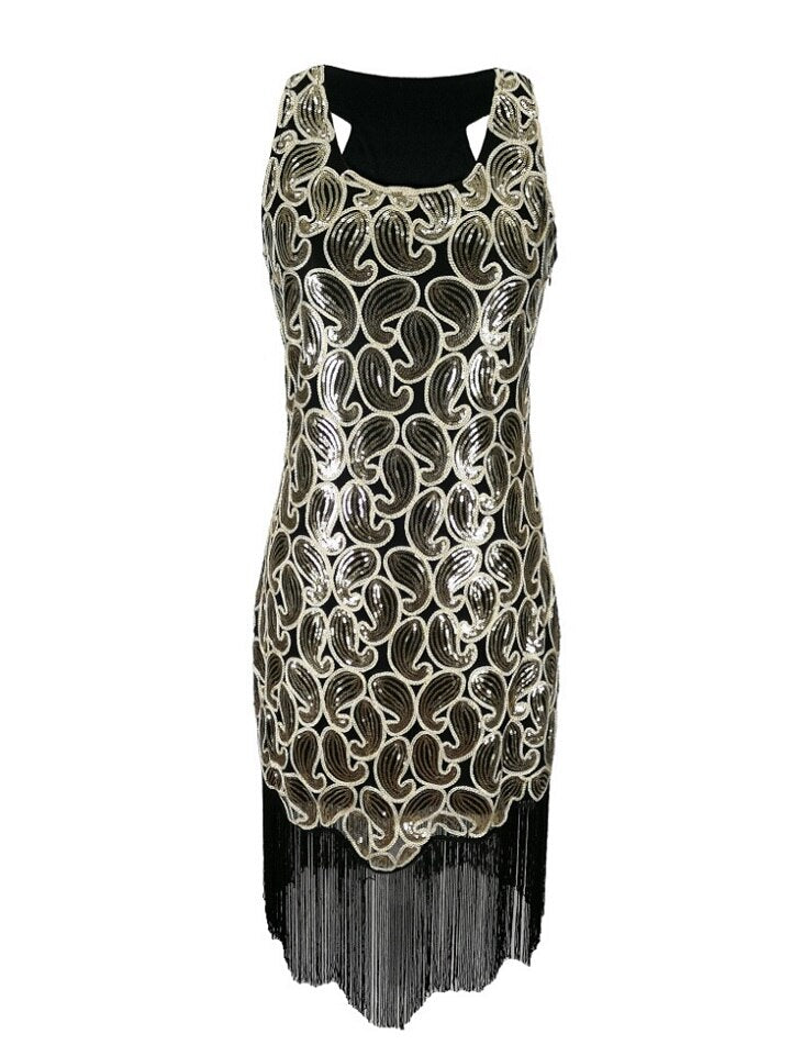 Abito Elegante Senza Maniche con Paillettes e Frange da Donna