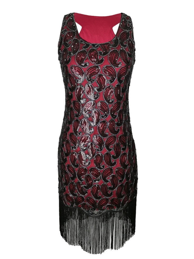 Abito Elegante Senza Maniche con Paillettes e Frange da Donna