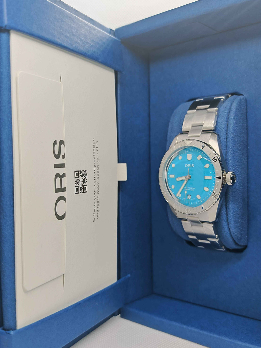 Oris Divers Sixty-Five Cotton Candy Uomo Unisex Swiss Made 38 mm Quadrante Blu Cassa Acciaio Bracciale Acciaio Vetro Zaffiro Antiriflesso Automatico Calibro 733-1 Data Riserva 41 Ore Diver 100m Ref. 01 733 7771 4055-07 8 19 18 Full Set